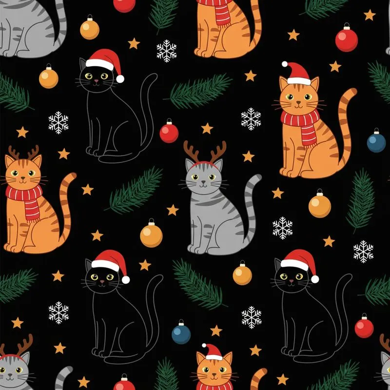 Cat Parent Holiday Pattern: Black Christmas Cats, Pine Branches, Baubles, Snowflakes, Golden Stars Satin Pajamas Set - 1