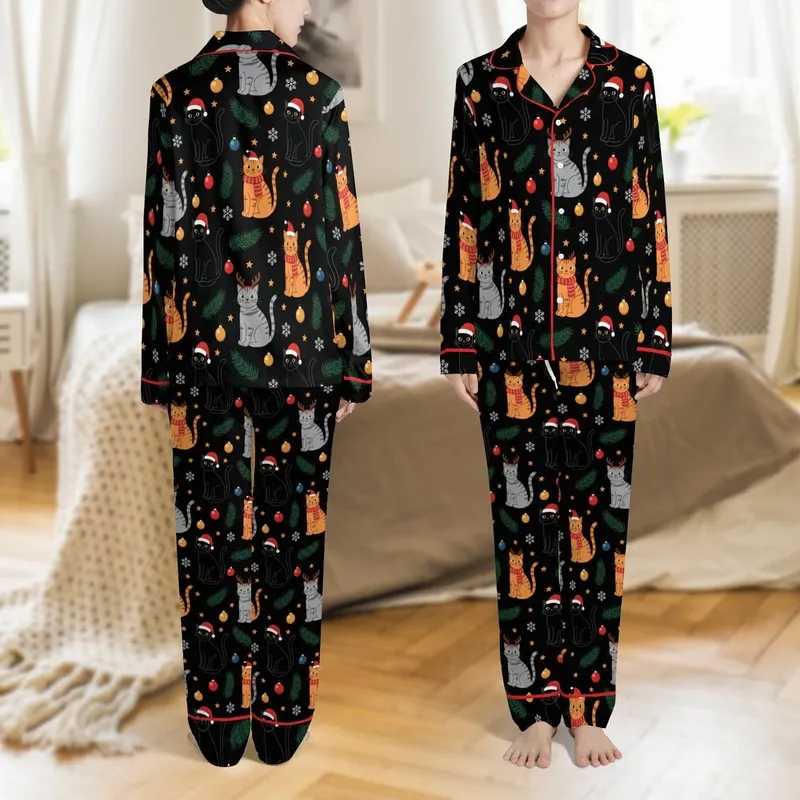 Cat Parent Holiday Pattern: Black Christmas Cats, Pine Branches, Baubles, Snowflakes, Golden Stars Satin Pajamas Set - 1