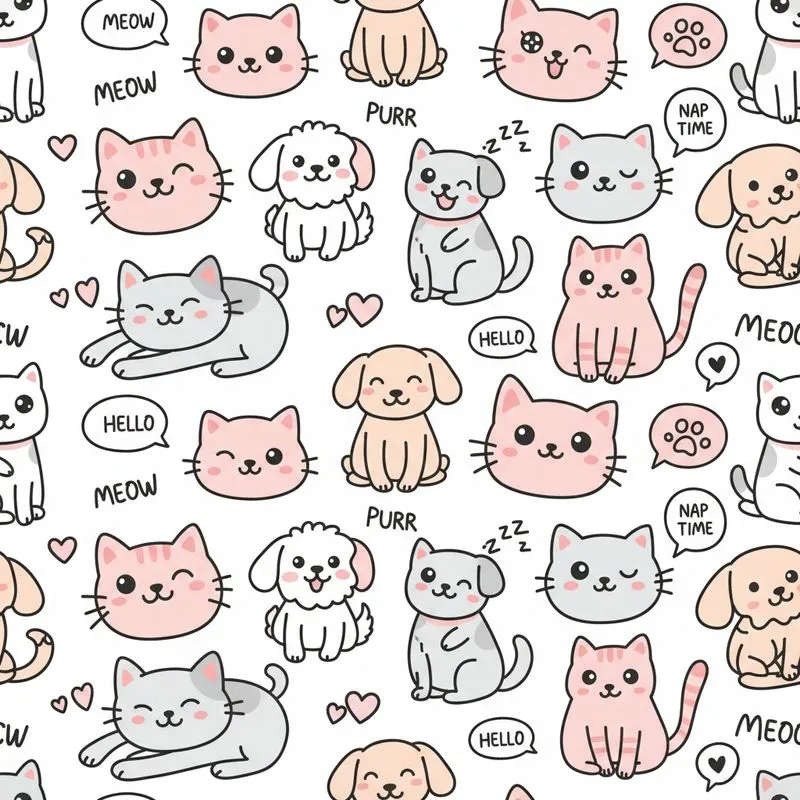 Cat Lover Kawaii Cats Puppies Winking Smiling Pastel Pink Peach Grey White Pattern Satin Pajamas Set - 1