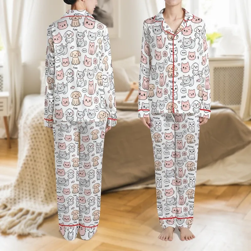 Cat Lover Kawaii Cats Puppies Winking Smiling Pastel Pink Peach Grey White Pattern Satin Pajamas Set - 1