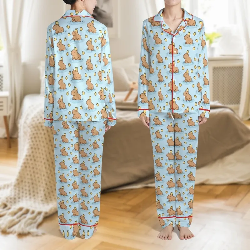 Light Brown Capybaras Floating, Sitting, Stacked with Yellow Fruit Crowns on Sky Blue Satin Pajamas Set - 1