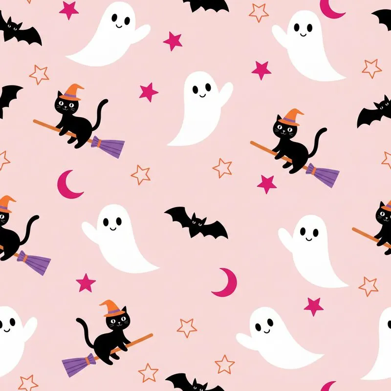 Fantasy Creature Pastel Pink White Ghost Black Eye Cat Witch Hat Broom Bat Wing Star Moon Pattern Satin Pajamas Set - 1