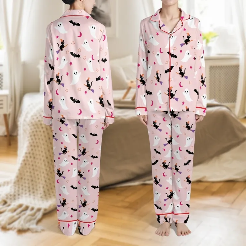 Fantasy Creature Pastel Pink White Ghost Black Eye Cat Witch Hat Broom Bat Wing Star Moon Pattern Satin Pajamas Set - 1