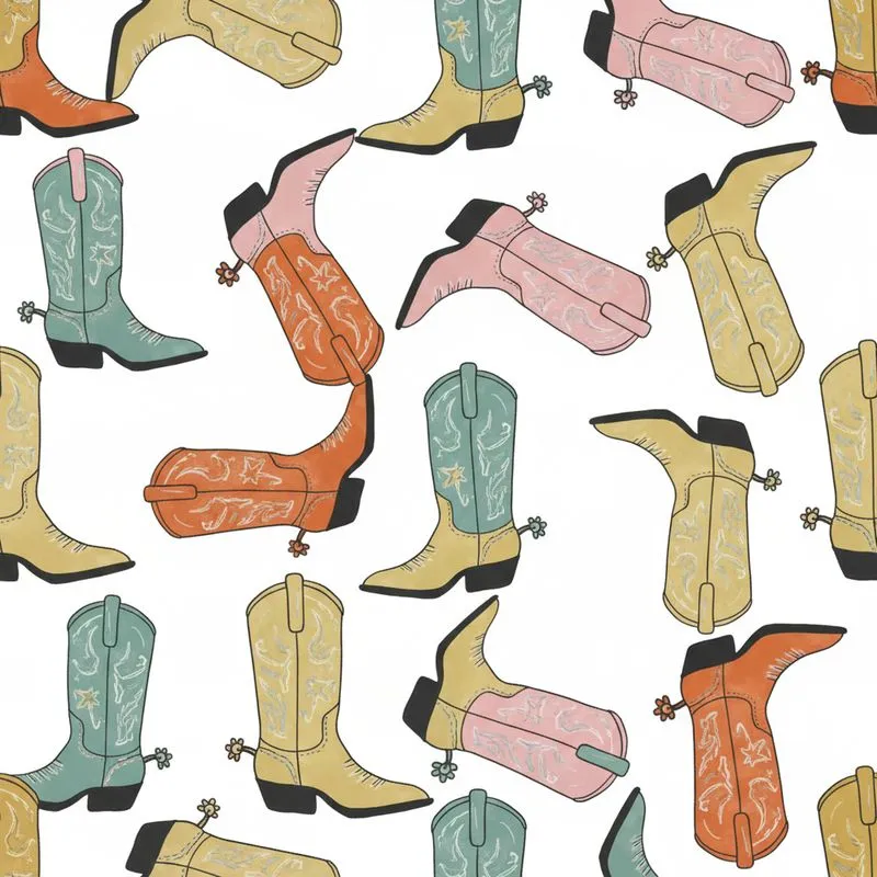 Western Enthusiast Scattered Cowboy Boots Pale Gold Teal Burnt Orange Pastel Pink Tan Motif Satin Pajamas Set - 1