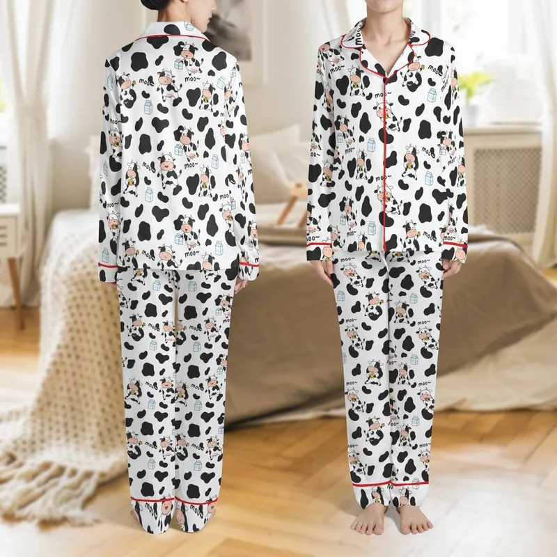 Farm Animal Theme All-Over Black White Cow Spot Cartoon Cows Milk Cartons Design Satin Pajamas Set - 1