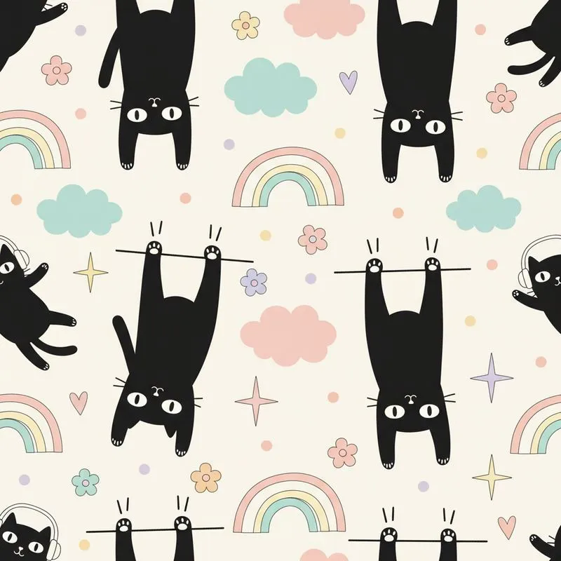 Black Cats Hanging White Paws Headphones Pink Blue Pastel Clouds Rainbow Hearts Stars Design Satin Pajamas Set - 1