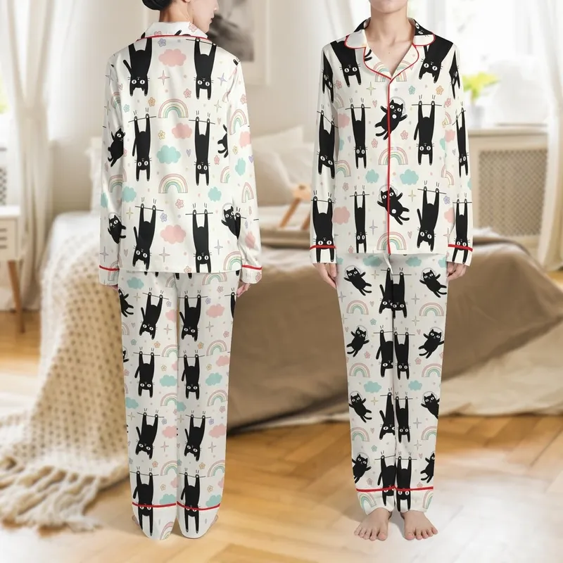Black Cats Hanging White Paws Headphones Pink Blue Pastel Clouds Rainbow Hearts Stars Design Satin Pajamas Set - 1
