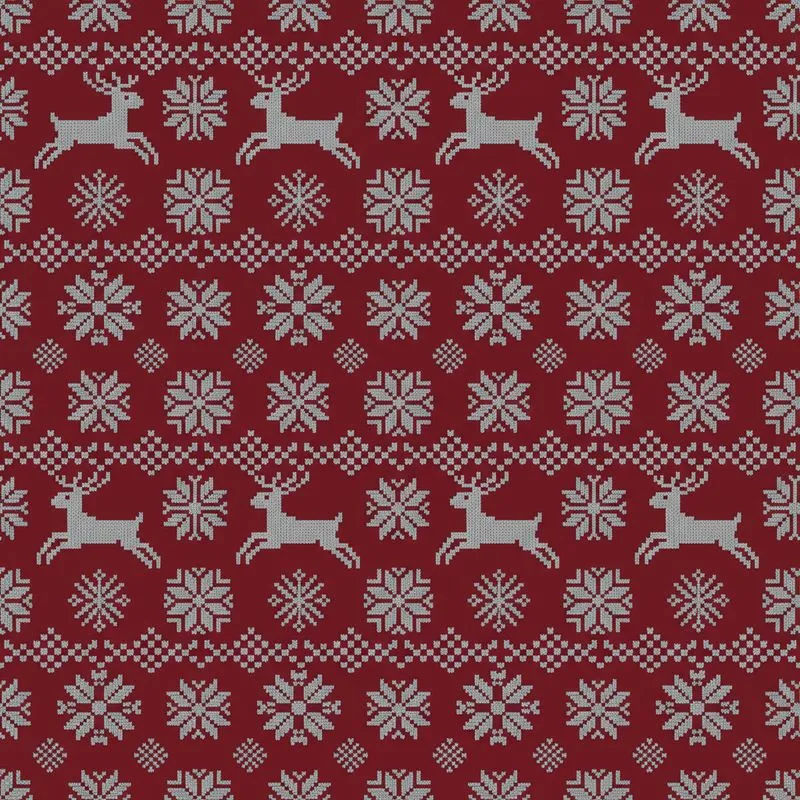 Fair Isle Reindeer Snowflake Geometric Pattern: Crimson Red & Grey Knit Style Design Satin Pajamas Set - 1