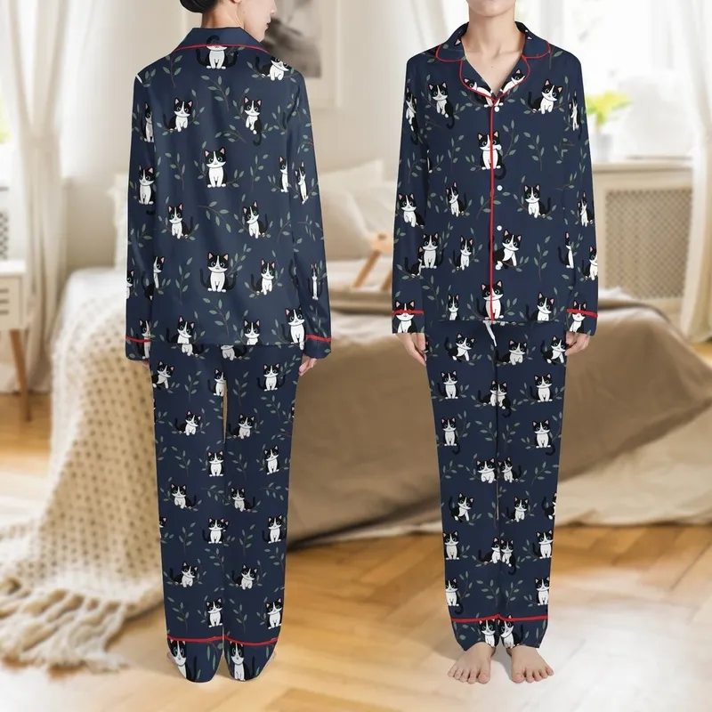Kitten Lover's Black White Kittens Blue Eyes Pink Paws Navy Blue Backdrop Branches Green Leaves Satin Pajamas Set - 1