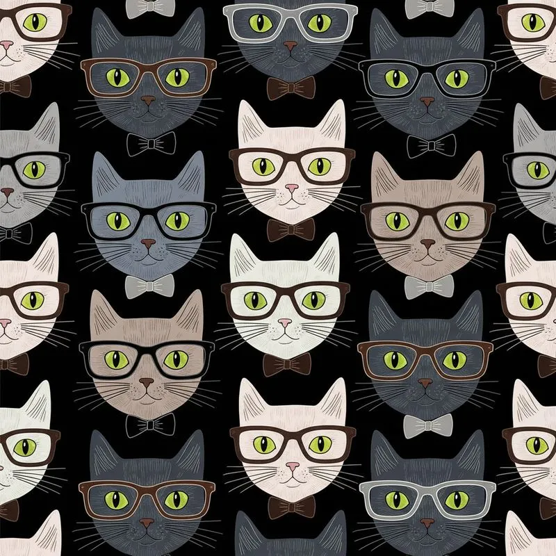 Cat Lover's Eyeglass Bow Tie Feline Heads Pattern Black Background Grey Beige Fur Chartreuse Eyes Satin Pajamas Set - 1