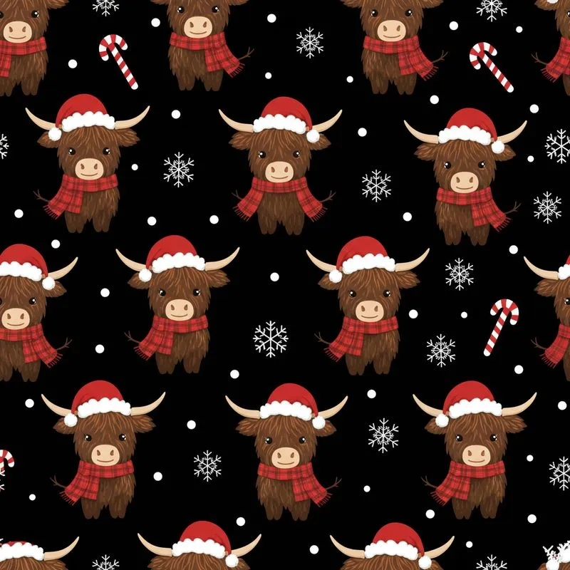 Brown Highland Cows: Red Santa Hats, Plaid Scarves, Snowflakes, Candy Canes Pattern on Black Satin Pajamas Set - 1