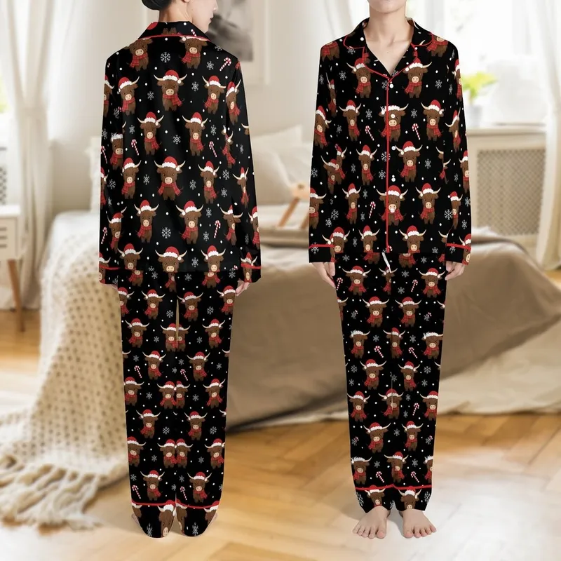 Brown Highland Cows: Red Santa Hats, Plaid Scarves, Snowflakes, Candy Canes Pattern on Black Satin Pajamas Set - 1