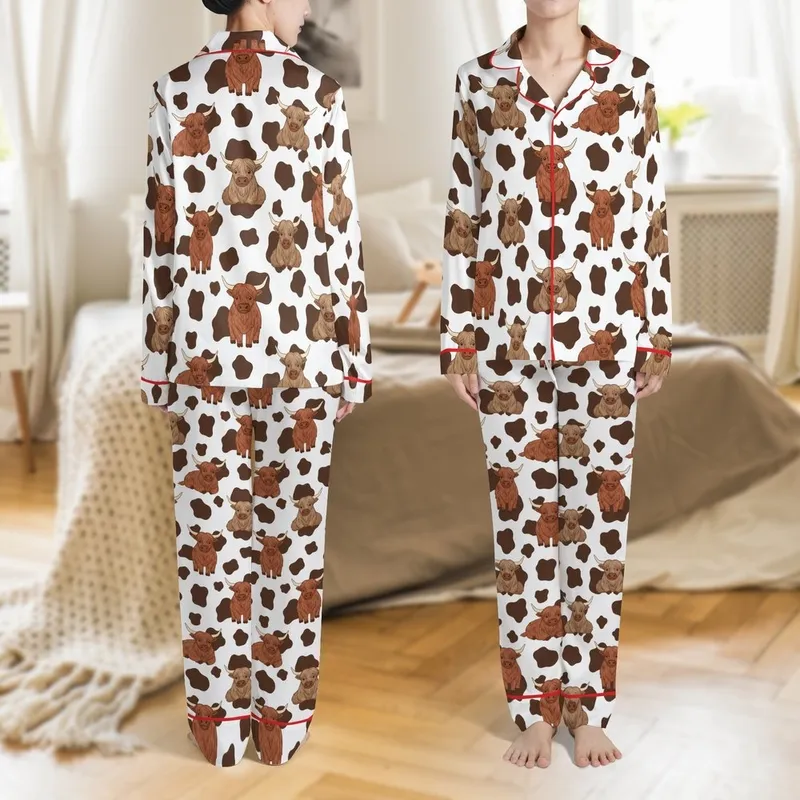 Fluffy Highland Cows: Playful Poses, White Background, Chocolate Brown Spots & Rich Brown Fur Satin Pajamas Set - 1