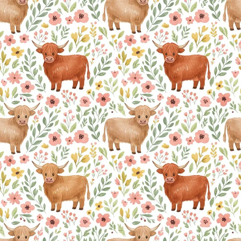 Highland Cow Meadow Floral Design: Reddish-Brown Fluffy Cows & Blush Wildflowers Satin Pajamas Set - 1