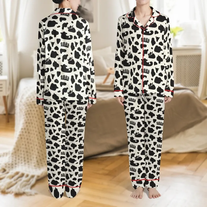 Organic High Contrast Black Shapes: Stylized Cow Profiles, Fence, & Terrain Pattern Satin Pajamas Set - 1