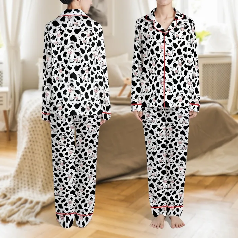 Cow Motif: Stylized Cartoon Cows, Black Spots, Pink Noses, White Background Moo Print Satin Pajamas Set - 1