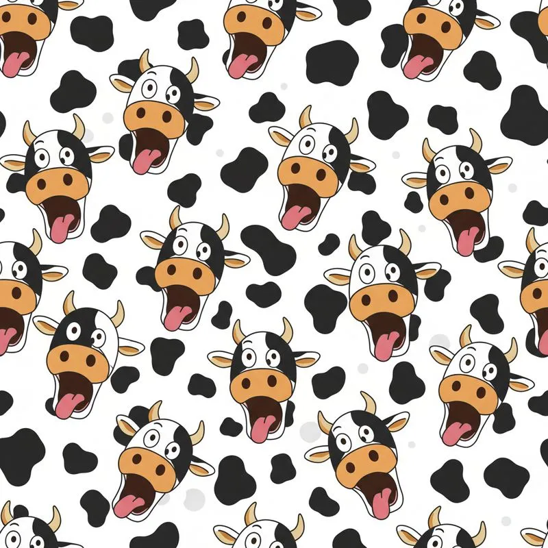 Cartoon Cow Heads Pattern: Wide Eyes, Pink Tongue, Black White Fur, Brown Muzzles, Spots Satin Pajamas Set - 1
