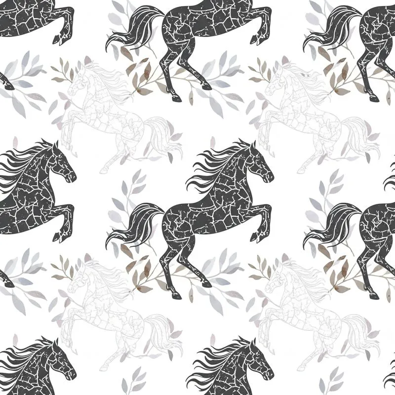 Illustrative Fragmented Charcoal Horse & Cool Grey Botanical White Background All-Over Design Satin Pajamas Set - 1