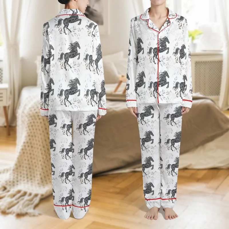 Illustrative Fragmented Charcoal Horse & Cool Grey Botanical White Background All-Over Design Satin Pajamas Set - 1