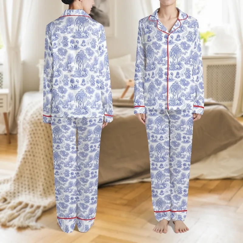 Shih Tzu Dogs Toile De Jouy Blue White Park Landscape Engraved Textile Motif Satin Pajamas Set - 1