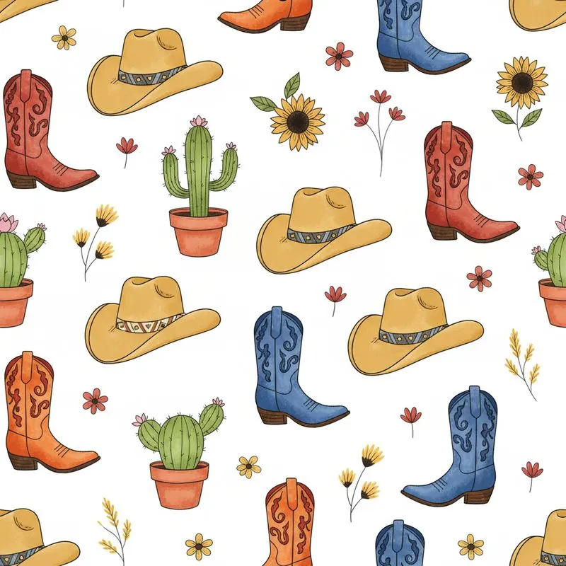 Cowgirl Western Life: Tan Cowboy Hats, Blue Boots, Green Cacti, Pink & Yellow Wildflowers Satin Pajamas Set - 1