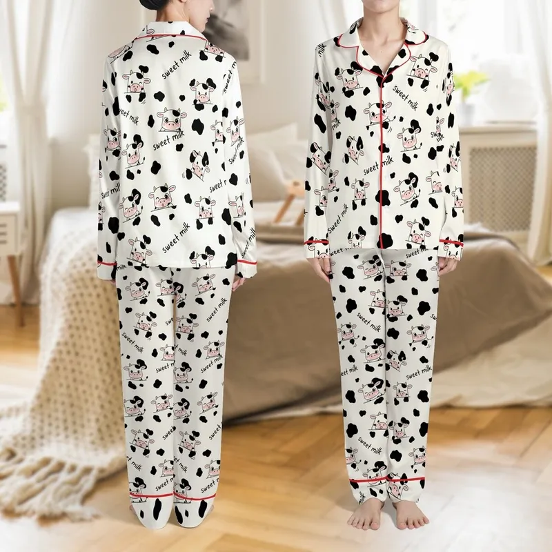 Baby Cow Fan: Playful Cartoon Calves Winking, Pink Cheeks, Black Spots & Sweet Milk Script Satin Pajamas Set - 1