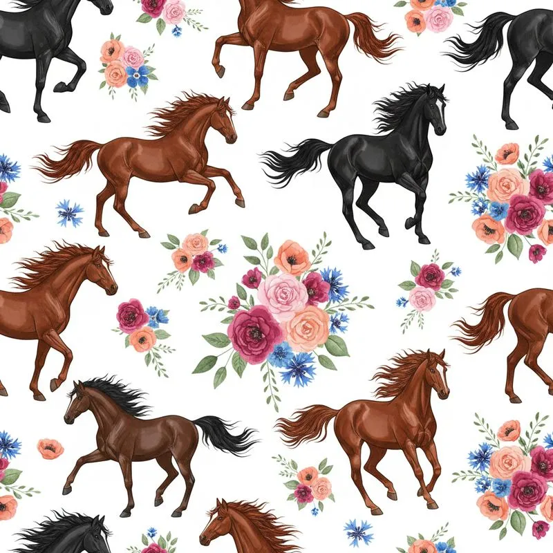 Equestrian Galloping Brown Chestnut Bay Horses Pink Rose Blue Flower Apparel Satin Pajamas Set - 1