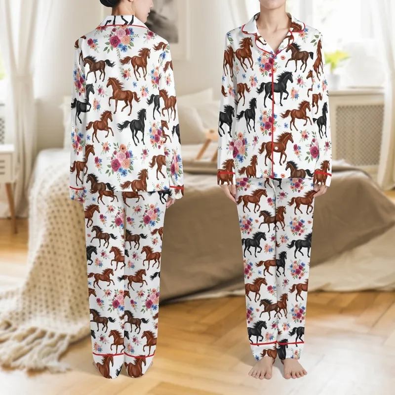 Equestrian Galloping Brown Chestnut Bay Horses Pink Rose Blue Flower Apparel Satin Pajamas Set - 1