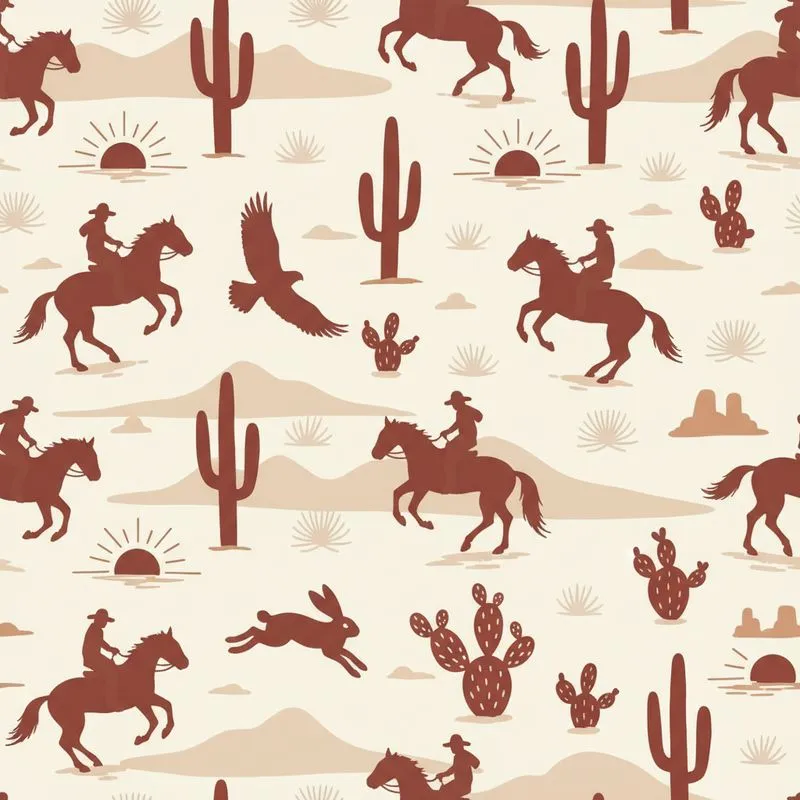 Western Desert Landscape: Cowboy, Cacti, Hawk, Jackrabbit, Sunbursts on Cream Satin Pajamas Set - 1