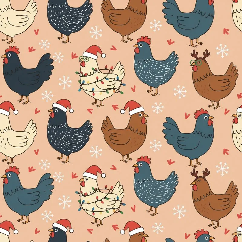 Farm Animal Christmas Design: Scattered Cartoon Fowl with Santa Hats, String Lights, Antlers Satin Pajamas Set - 1
