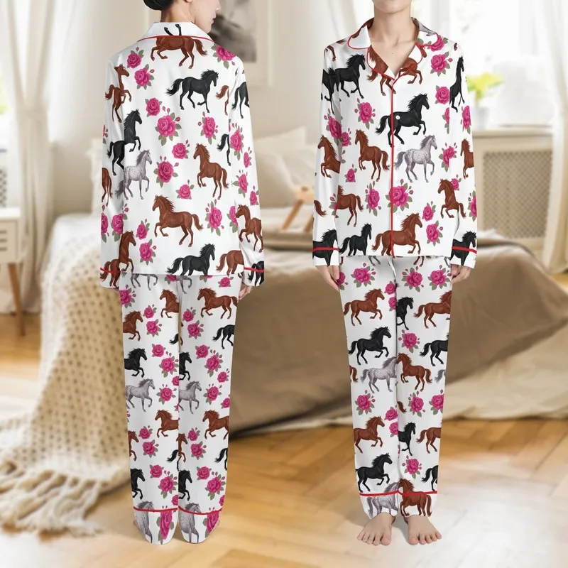 Equestrian Dynamic Horses Pink Rose Blooms: Galloping Bay, Grey, Chestnut, Black, White Ground Satin Pajamas Set - 1
