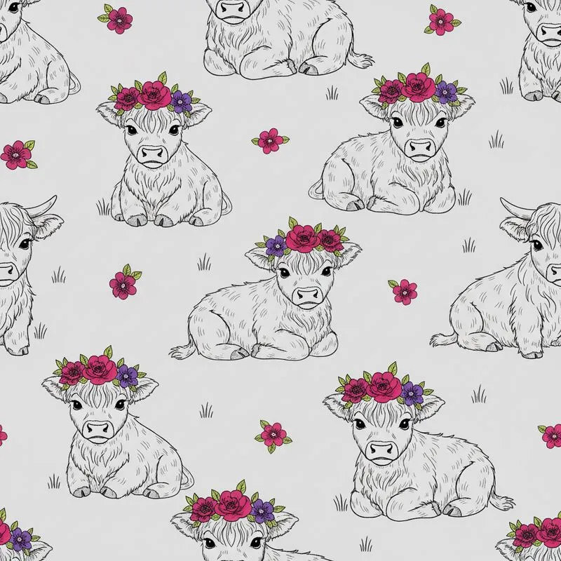 Highland Cow Calves Pink Fuchsia Purple Floral Wreath Line Art Shaggy Fur Light Grey Satin Pajamas Set - 1