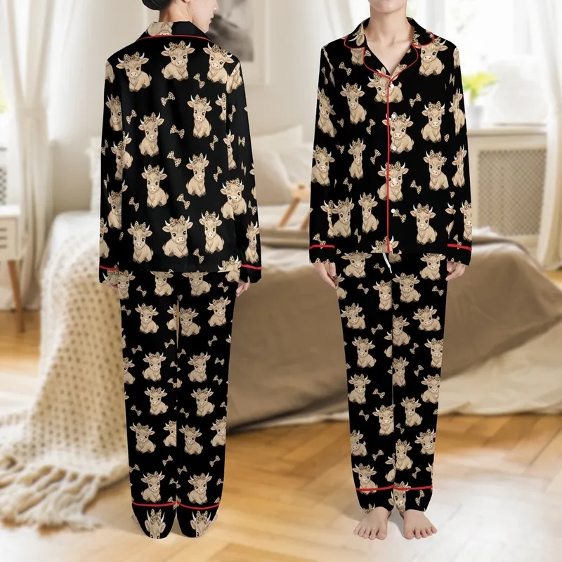 All-Over Baby Highland Cow Pattern - Light Brown Cream Bovine Spotted Leopard Bows Black Satin Pajamas Set - 1