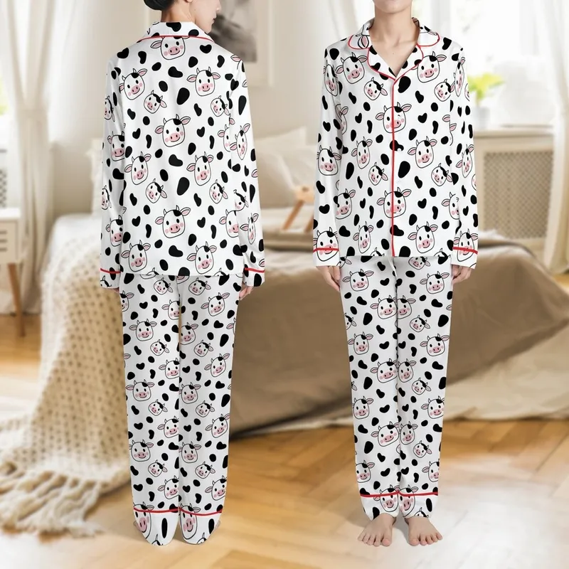 Illustrative Baby Bovine Faces All-Over Pattern Black Spots White Ground Pink Ear Accents Design Satin Pajamas Set - 1