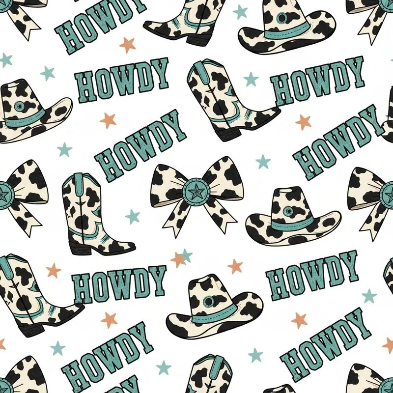 Western Cow Print Bows, Turquoise Concho, Cowboy Boots Hats, HOWDY Teal Stars Satin Pajamas Set - 1