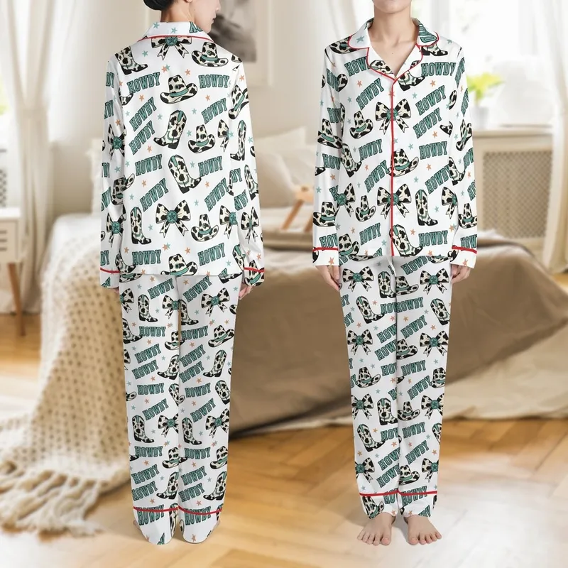 Western Cow Print Bows, Turquoise Concho, Cowboy Boots Hats, HOWDY Teal Stars Satin Pajamas Set - 1