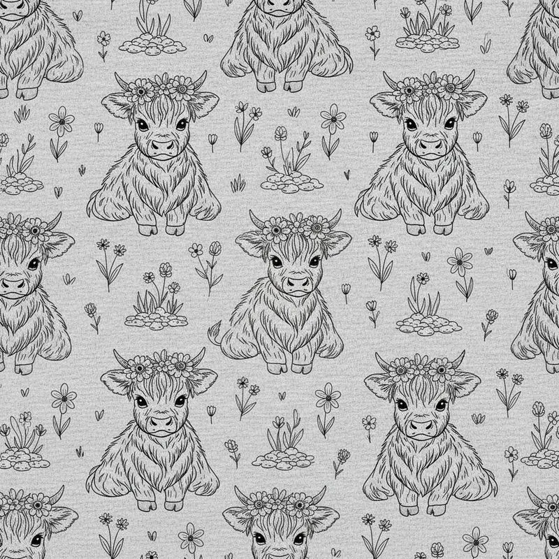 Highland Cow Calves Flower Crown Black Line Art Repeating Pattern Heather Gray Satin Pajamas Set - 1