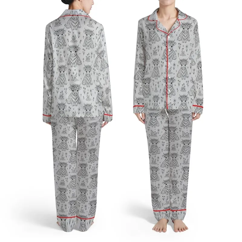 Highland Cow Calves Flower Crown Black Line Art Repeating Pattern Heather Gray Satin Pajamas Set - 1