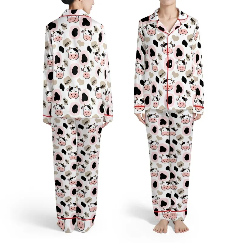 Smiling Cow Faces MOO~ Print: Black Outline, Orange Horns, Pink White, Taupe Spots Satin Pajamas Set - 1