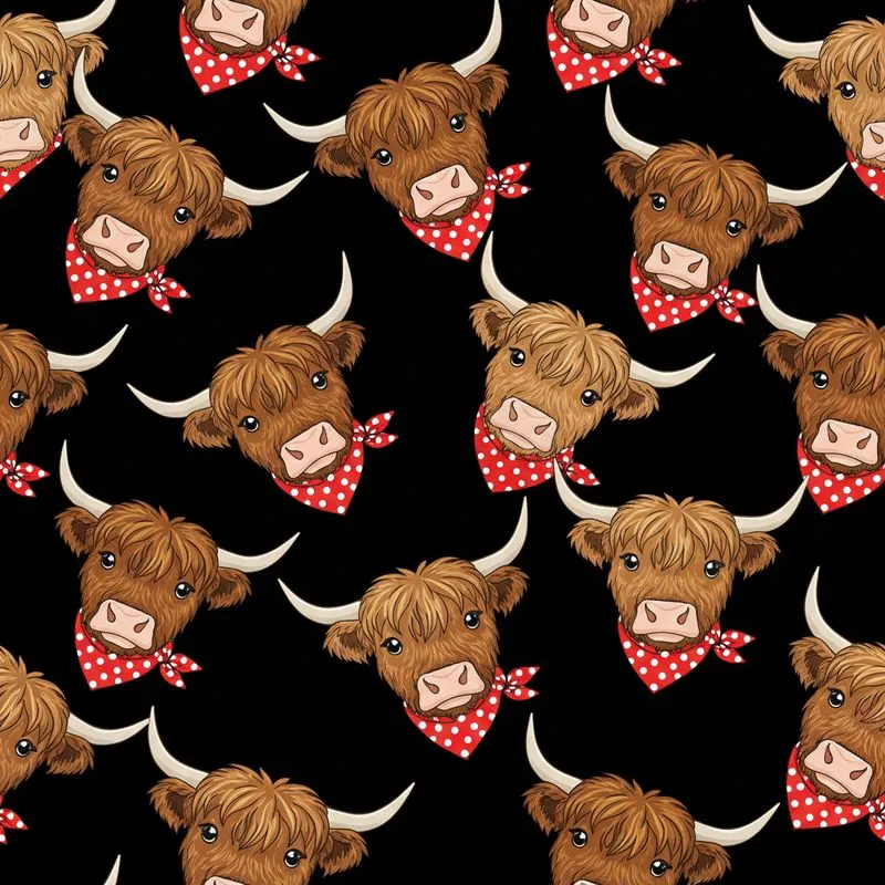 Highland Cow Heads Black Background Red Polka Dot Bandanas Warm Brown Fur Gray Horns Pink Noses Satin Pajamas Set - 1