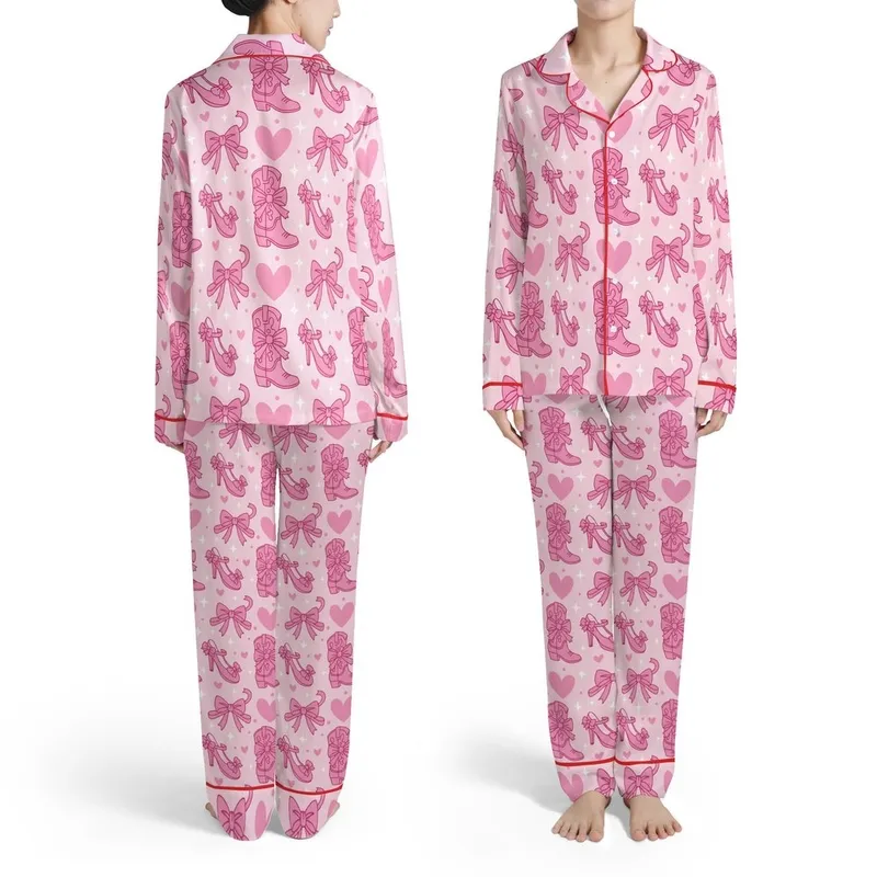 Women's Pastel Pink Footwear Pattern: Cowboy Boots, Ballet Slippers, High Heels, Mary Janes, Bows, Hearts & Stars Satin Pajamas Set - 1