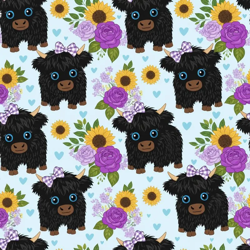Highland Calves Deep Black Fur Blue Eyes Purple Plaid Bow Golden Sunflower Roses Pattern Satin Pajamas Set - 1