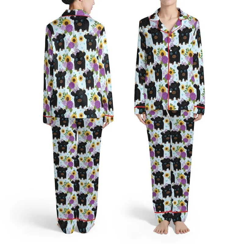 Highland Calves Deep Black Fur Blue Eyes Purple Plaid Bow Golden Sunflower Roses Pattern Satin Pajamas Set - 1