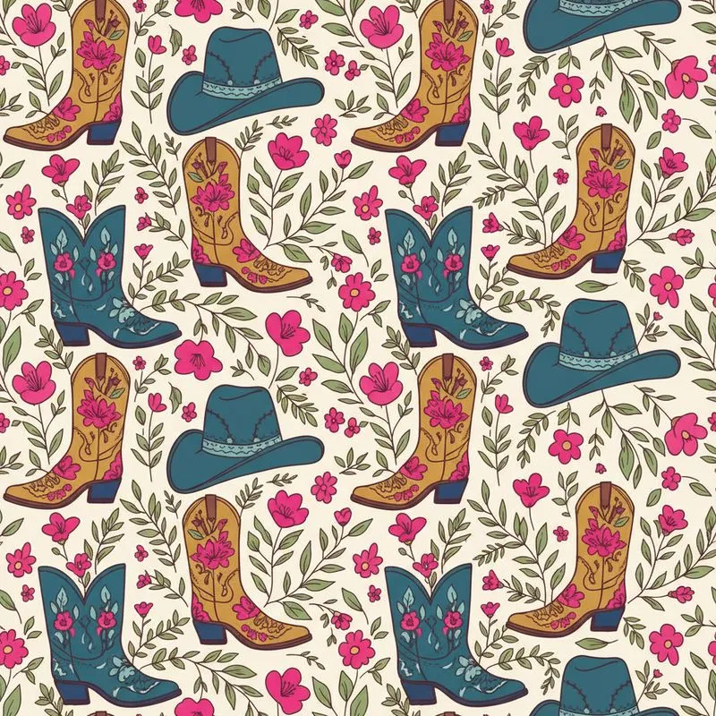 Cowboy Boots & Hats, Fuchsia, Rose Pink Wildflowers, Sage Green Leaves, Cream Off-White Satin Pajamas Set - 1