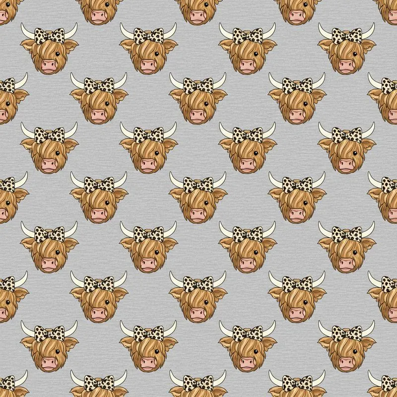 Highland Cow Heads Fawn Tan Brown Cream Horns Leopard Bow Black Spots Heather Grey Pattern Satin Pajamas Set - 1