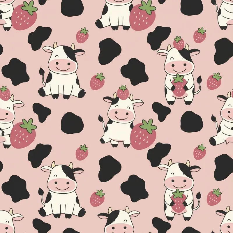Adult Blush Pink Cow & Strawberry Pattern: Black Outline White Cows, Strawberry Hats, Cow Spots Satin Pajamas Set - 1