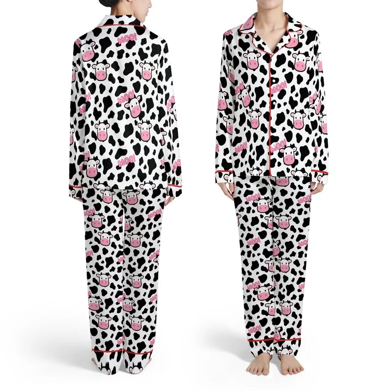 Farm Animal Design: Irregular Black Cow Spots, Pink Nosed Cartoon Cow Heads & Bubblegum MOO! Satin Pajamas Set - 1