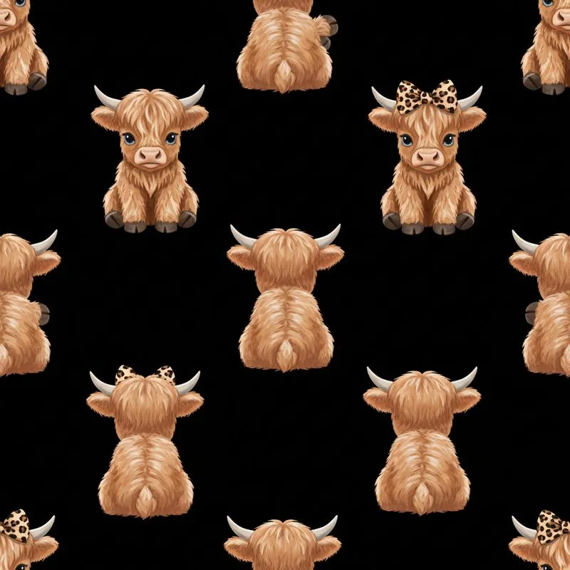 Seamless Highland Cow Calves Shaggy Caramel Fur, Leopard Bows, Black Base, Sitting Poses Satin Pajamas Set - 1