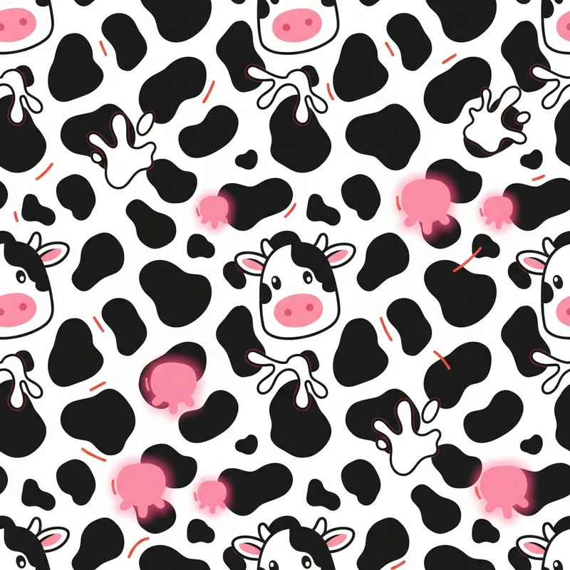 Black & White Cow Spot Design with Cartoon Cow Faces, Milk Splashes & Pink Organic Shapes Satin Pajamas Set - 1