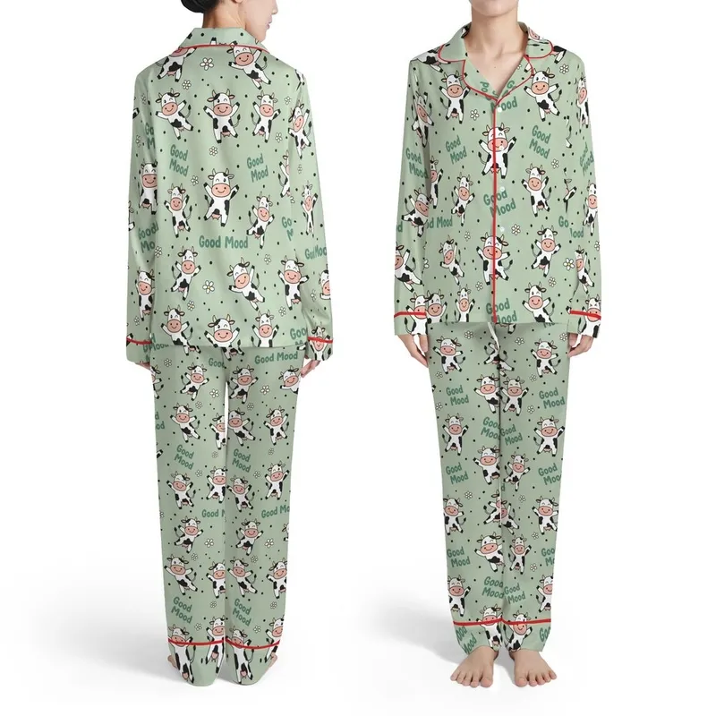 Dancing Winking Cartoon Cows Sage Green Good Mood Polka Dot Daisy Pattern Satin Pajamas Set - 1